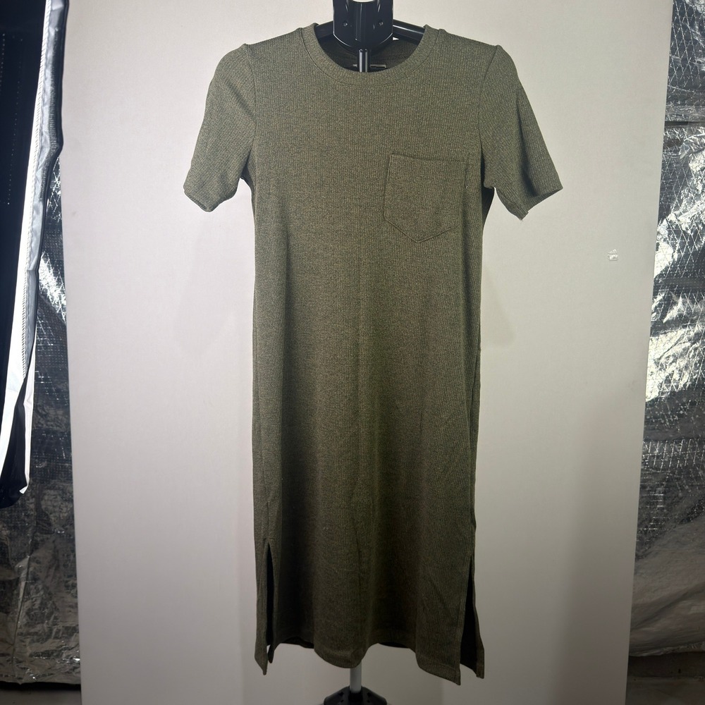 Madewell Womens XS Ribbed Knit Short Sleeve Midi Dress Olive Green Pocket Slits